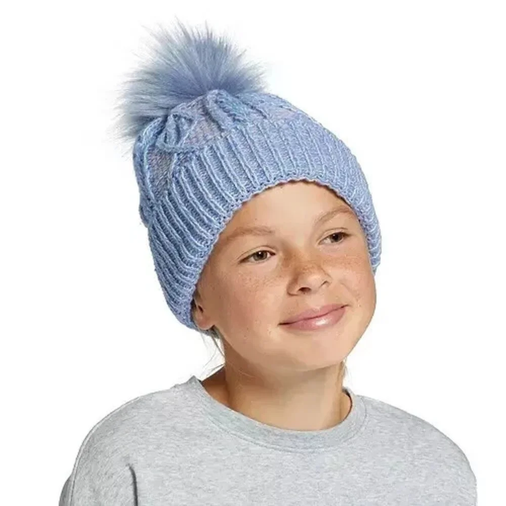 DSG Beanie Hat Girls One Size Blue Melange Stretch Headwear Cable Pom Cap SRT377